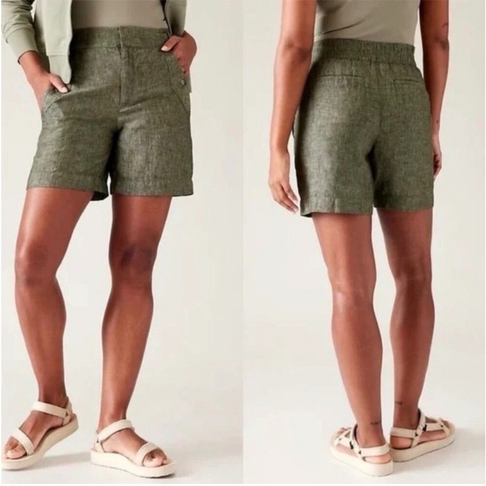 Athleta Voyager‎ 100% Linen Shorts Aspen Olive Women's Size 8